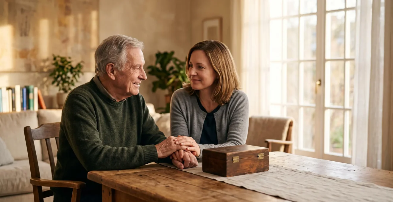 Un parent senior et son enfant adulte partageant un moment complice autour d'une table en bois dans une maison familiale lumineuse, symbolisant la transmission du patrimoine