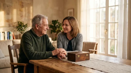 Un parent senior et son enfant adulte partageant un moment complice autour d'une table en bois dans une maison familiale lumineuse, symbolisant la transmission du patrimoine
