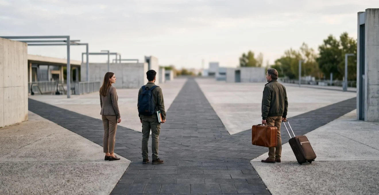 Trois silhouettes représentant un salarié, un étudiant et un voyageur convergeant symboliquement vers un même point de décision financière
