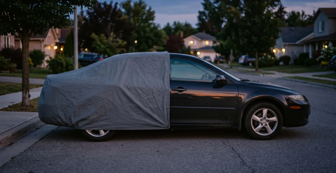 Voiture stationnée dont une moitié est protégée par une bâche tandis que l'autre reste exposée aux intempéries, symbolisant une couverture d'assurance minimale