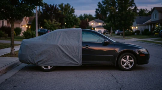 Voiture stationnée dont une moitié est protégée par une bâche tandis que l'autre reste exposée aux intempéries, symbolisant une couverture d'assurance minimale