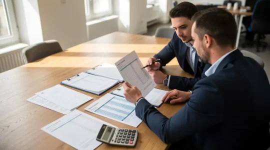 Un conseiller en financement et un entrepreneur examinent ensemble un dossier de prêt professionnel posé sur une table de bureau.