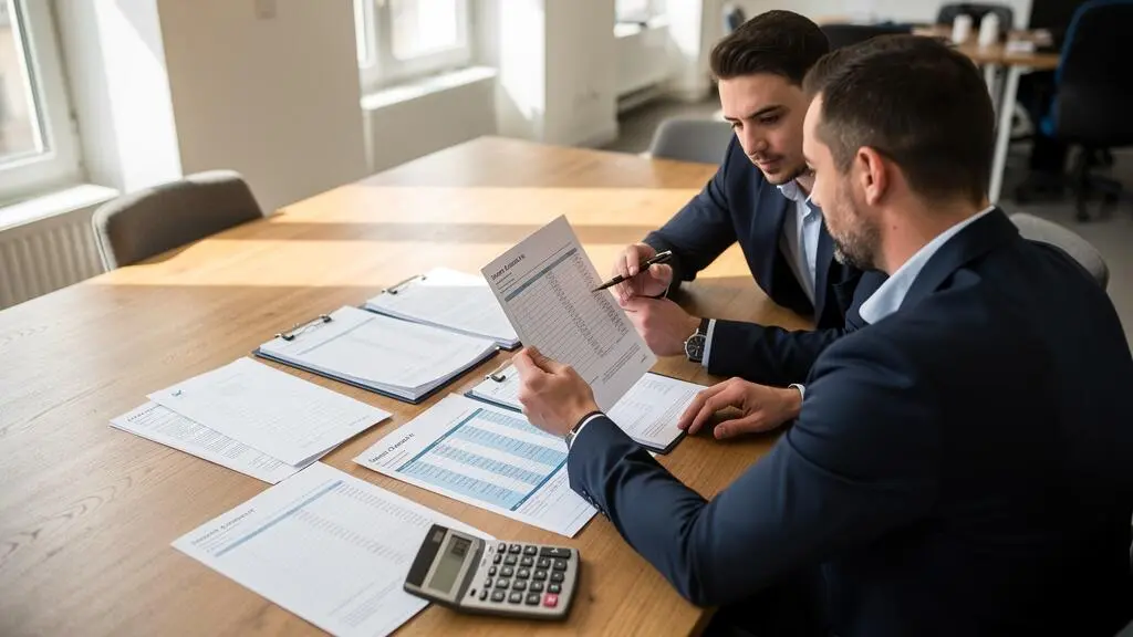 Un conseiller en financement et un entrepreneur examinent ensemble un dossier de prêt professionnel posé sur une table de bureau.