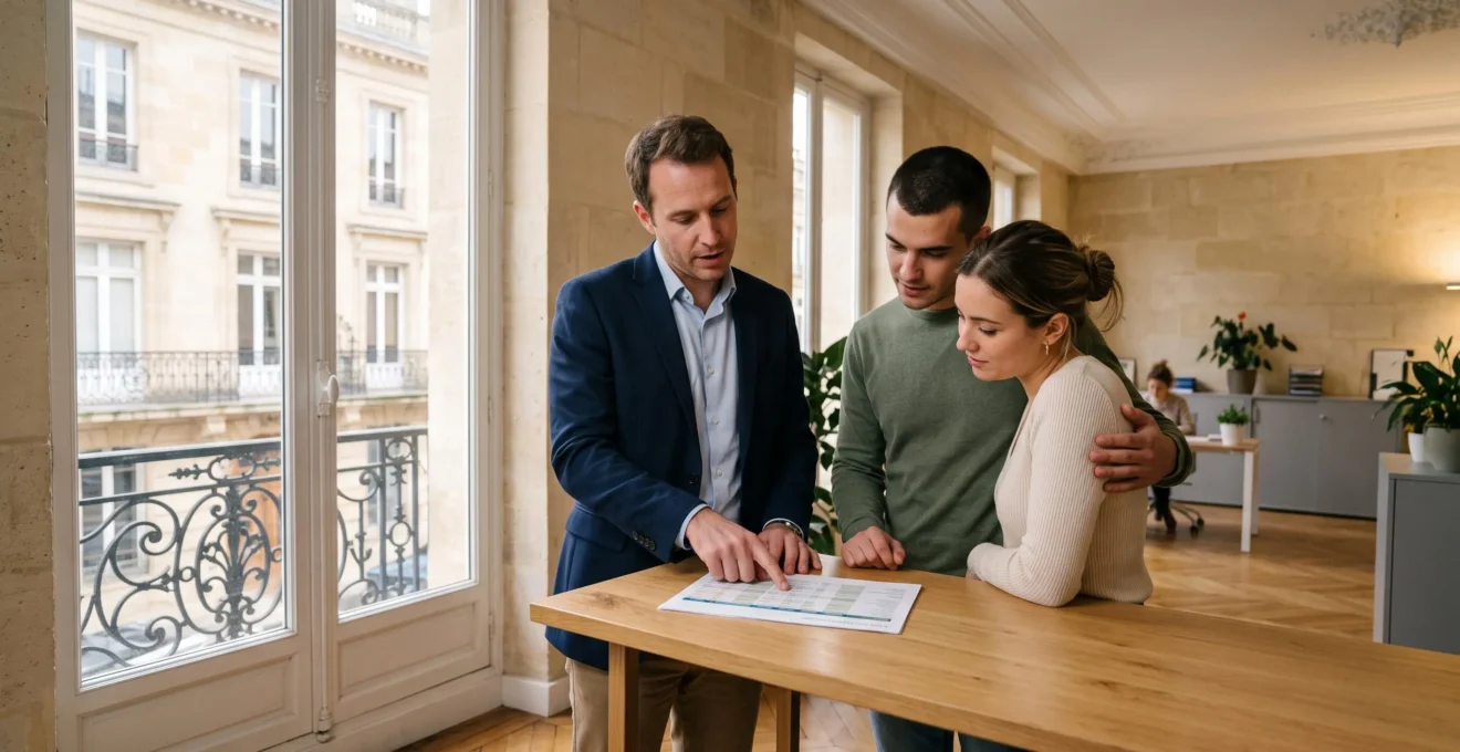 Un conseiller en courtage immobilier explique un dossier de financement à un jeune couple dans un bureau bordelais lumineux.