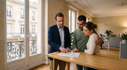 Un conseiller en courtage immobilier explique un dossier de financement à un jeune couple dans un bureau bordelais lumineux.