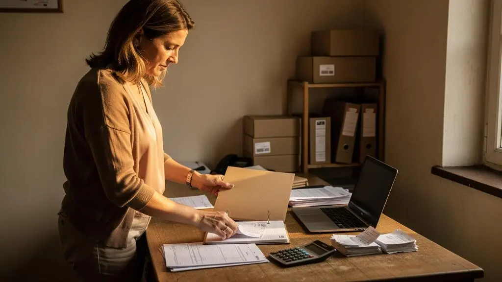 Une entrepreneure range des documents financiers dans un classeur à son bureau, en vérifiant une page contre un registre.