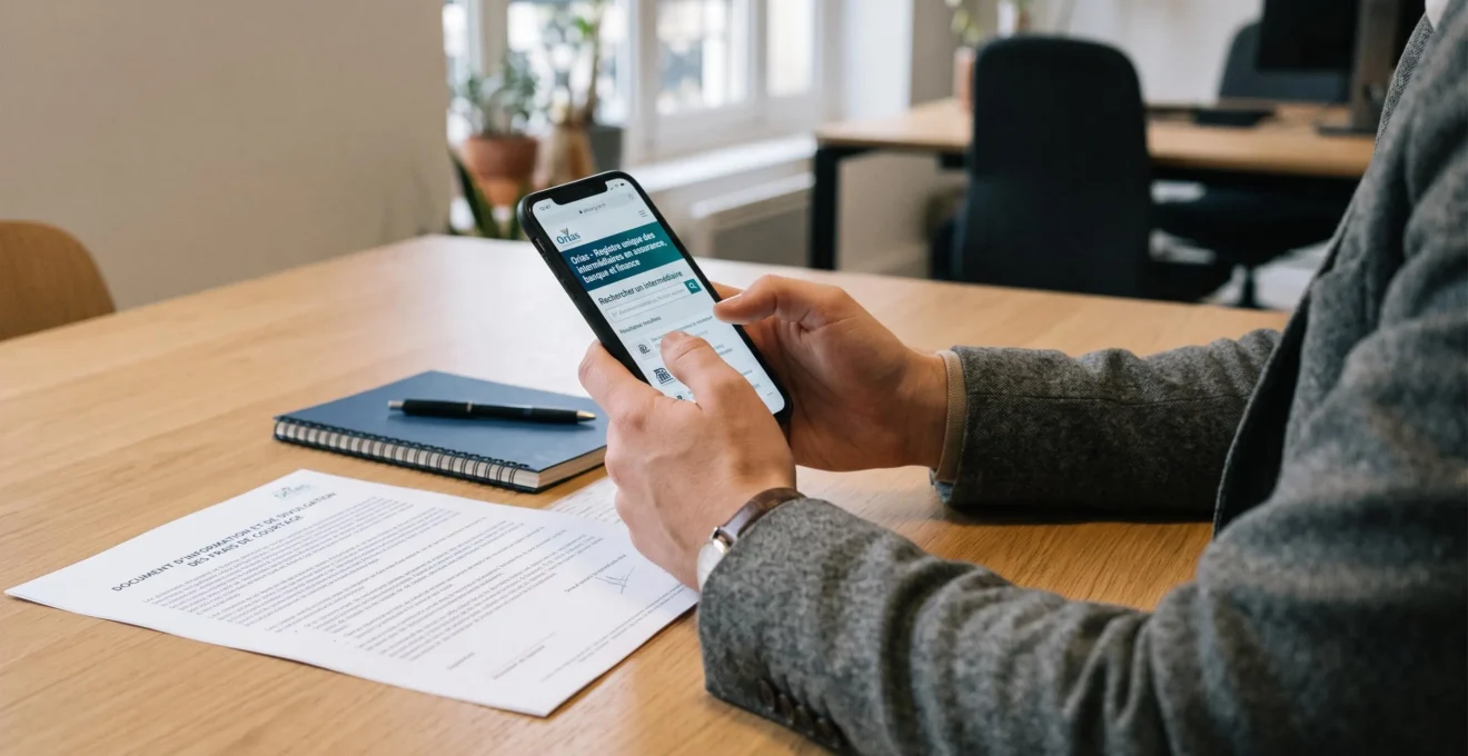 Des mains consultent le registre Orias sur un smartphone, avec une grille de frais imprimée posée à côté sur une table.
